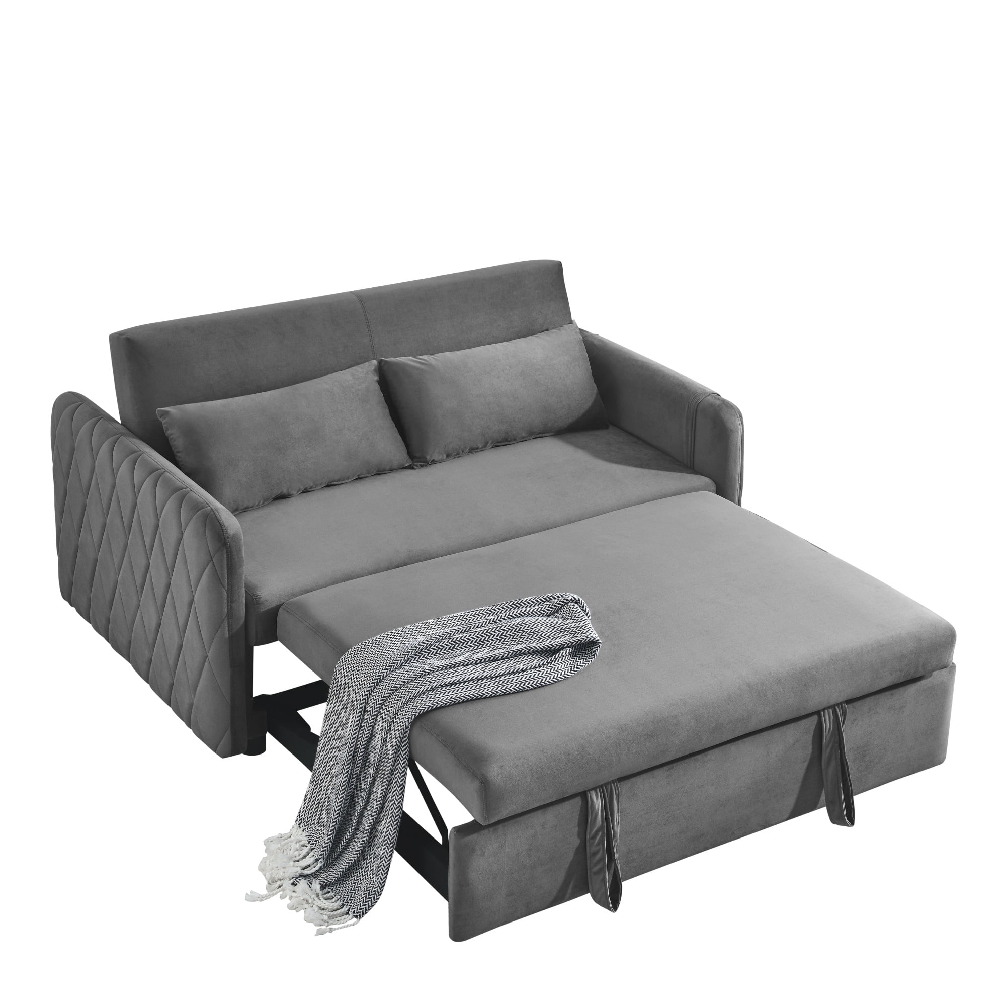 Ufurpie 55"L Modern Velvet Pull Out Sofa Bed,Convertible Velvet Sleeper Sofa Bed with Adjustable Backrest&2 Pillows,Gray