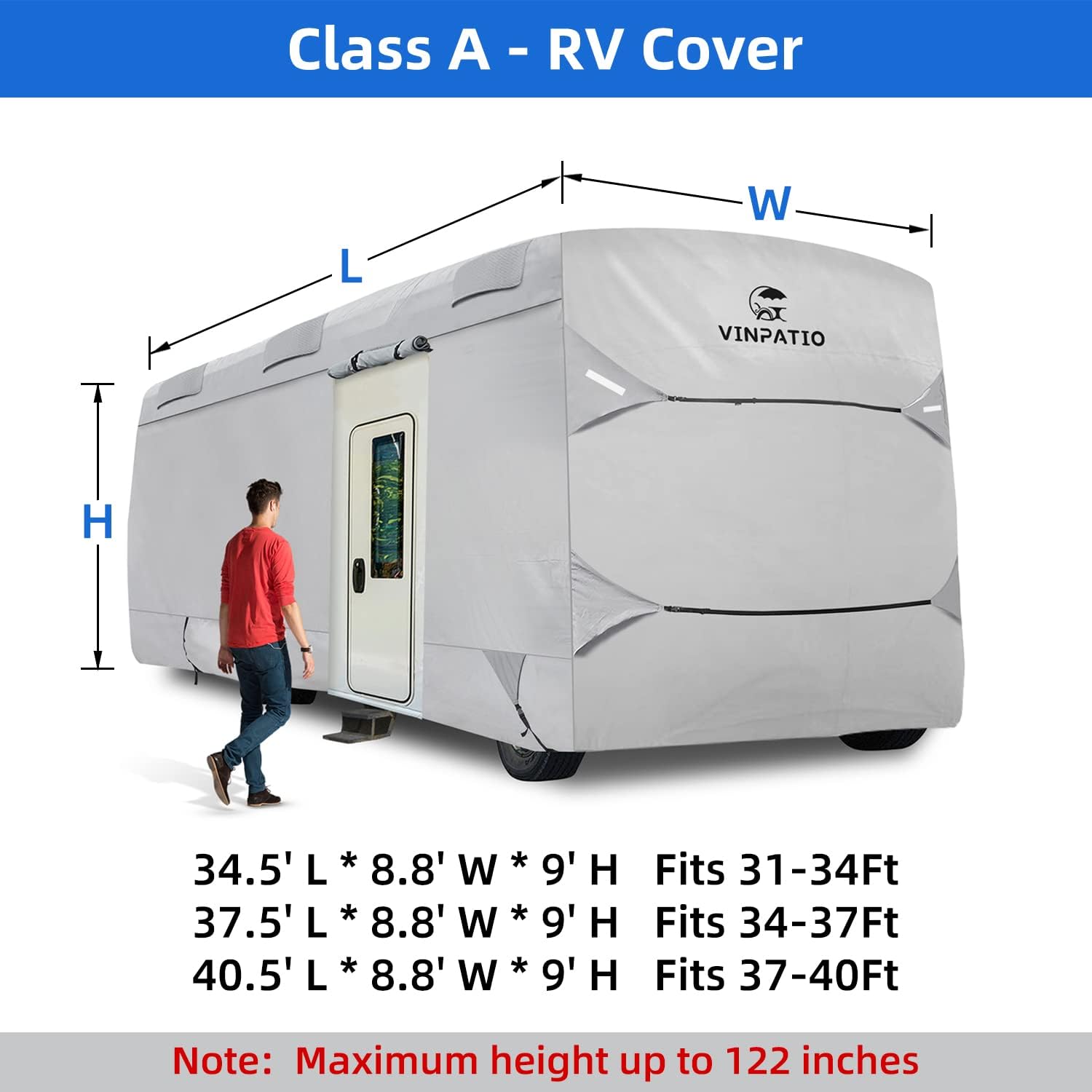 VINPATIO Class A RV Cover Thick 3 Layers Polypro Anti-UV Camper Cover Fits 37-40Ft Motorhome Breathable Waterproof Quick Drying, Grey
