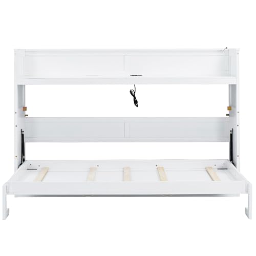 Queen Size Farmhouse Murphy Bed Cabinet with Charging Station, Foldable Platform Bed Frame with 2 Storage Drawers