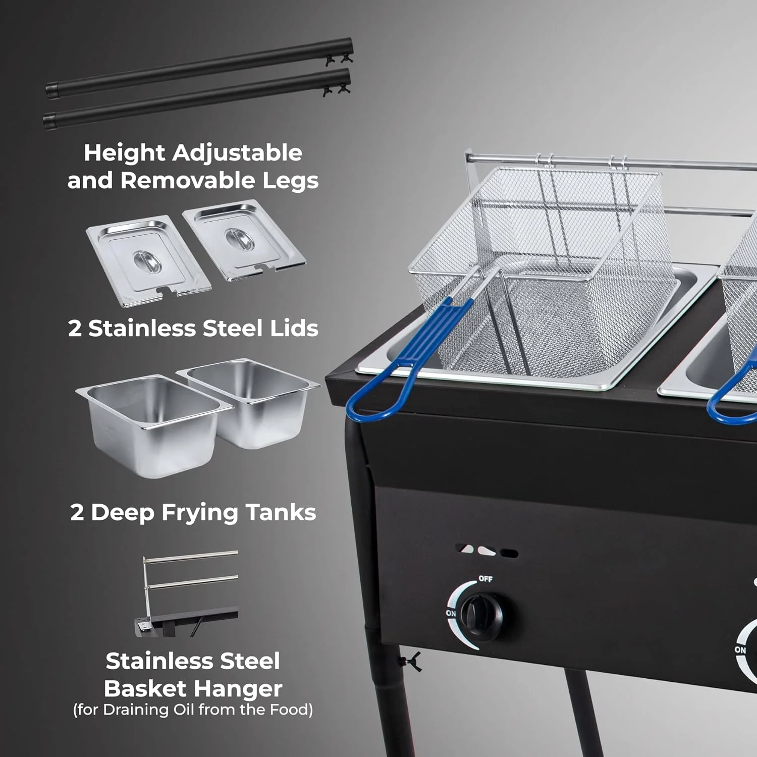 QCAI Two Tank Outdoor Black Deep Fryer | Propane Deep Fryer Propane with 2 Stainless Steel Basket & Lid Covers | Large Oil Tank Capacity with