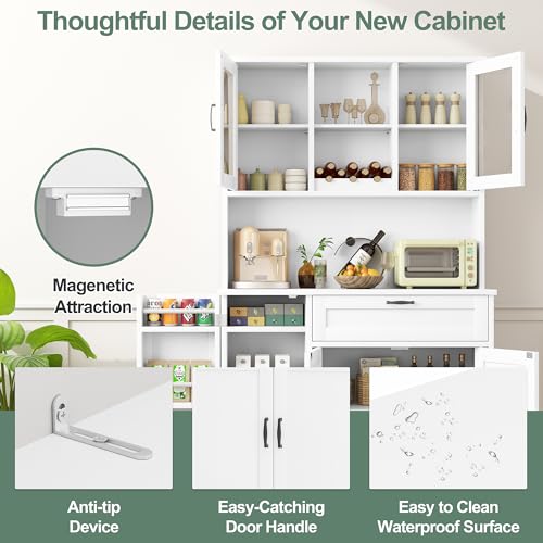 Shintenchi Kitchen Pantry Storage Cabinet, Freestanding Buffet Cabinet with Microwave Stand & 4 Door Shelves, Kitchen Hutch with Doors