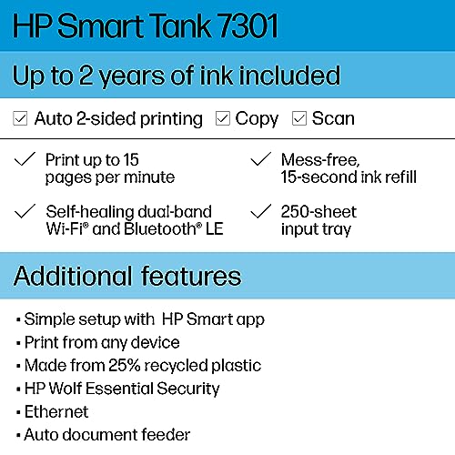 HP Smart -Tank 7301 Wireless All-in-One Cartridge-free Ink Printer, up to 2 years of ink included, mobile print, scan, copy