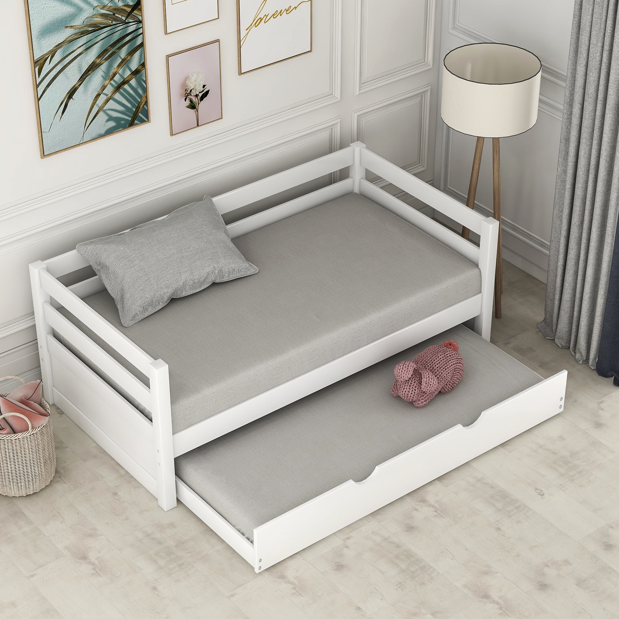 EUROCO Solid Wood Daybed with Trundle, Twin for Kids Room, White