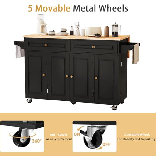 67’’ Movable Kitchen Island with Drop Leaf and Power Outlet, Lockable Sliding Countertop Rolling Island Cart with 2 Large Drawers, Spice, Towel Rack