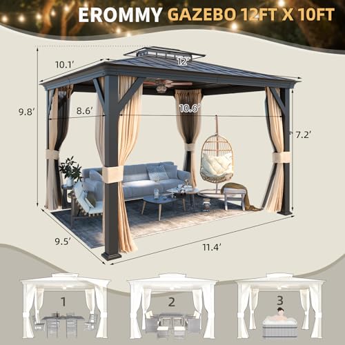EROMMY 12'x20' Hardtop Gazebo Double Roof Galvanized Steel Canopy Outdoor Aluminum Frame Permanent Metal Pavilion with Netting and Curtains for Patio
