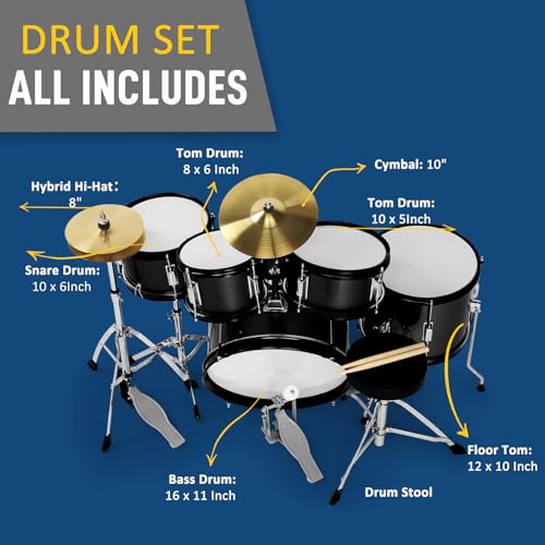 Ktaxon 5-Piece Complete Junior Drums Set, 14 Inch Beginners Drum Kit with Throne Stool, Pedal & Drumsticks, Kids Drums Musical Instruments W/Cymbal
