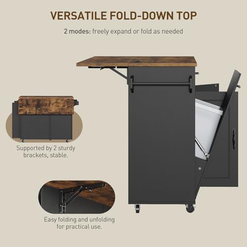 Kitchen Island with Power Outlet & Drop Leaf, Mobile Rolling Cart with Trash Can Storage, 3-Tier Spice Rack,Island Table for Kitchen, Dining Room