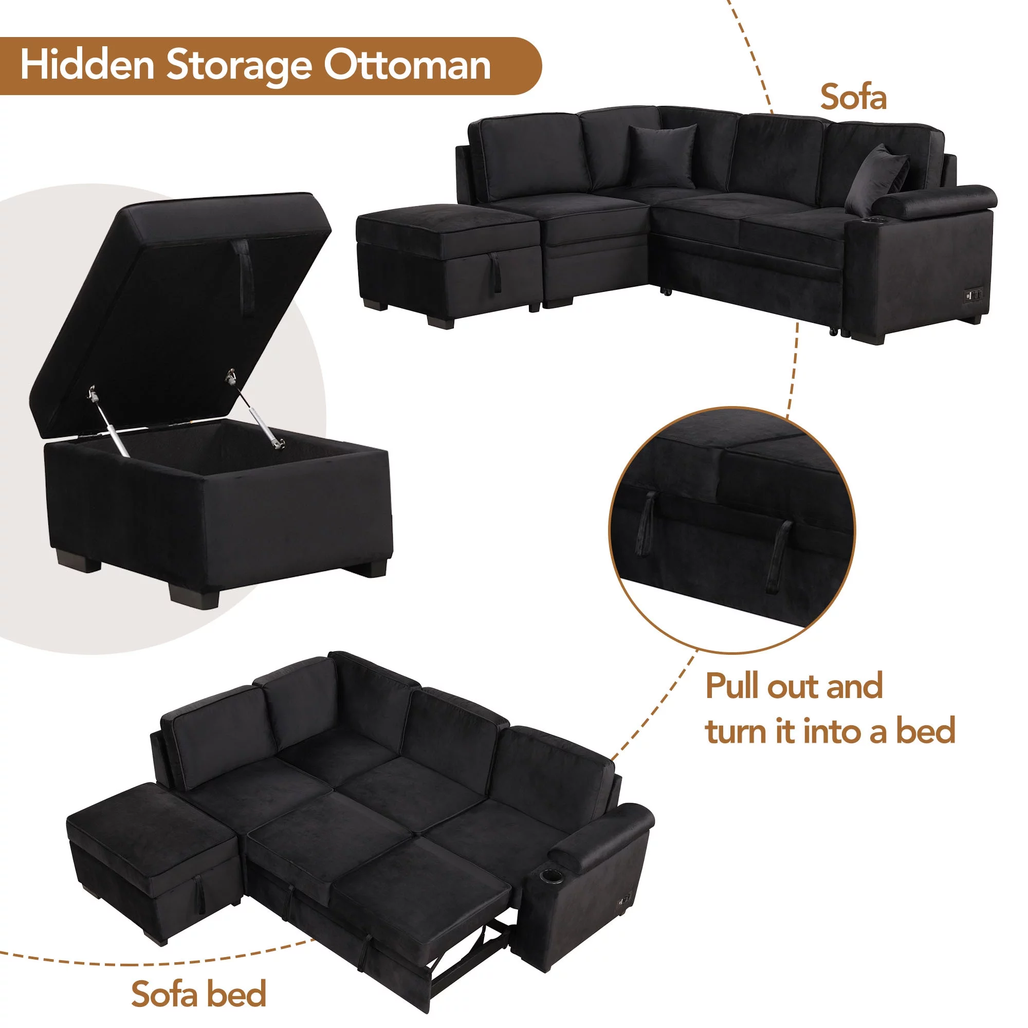 Soges Sleeper Sofa Bed 5 Seat, L Shape Sofa with Pull Out Bed Velvet Couch with USB Ports and Storage Ottoman for Living Room Bedroom, Black