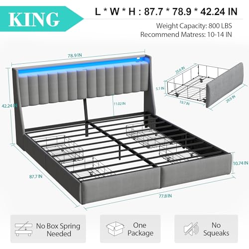 Queen Bed Frame with 2 Storage Drawers, Platform Bed Frame Queen Size with LED Light, Upholstered Headboard, Charging Station, Steel Slat Support