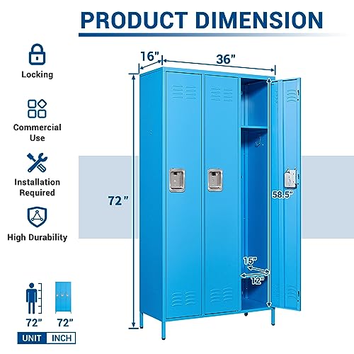 72" Metal Locker for Employees 3 Doors Blue Steel Storage Locker for Office, School, Gym - Metal Storage Cabinets for Home, Office, Gym, School