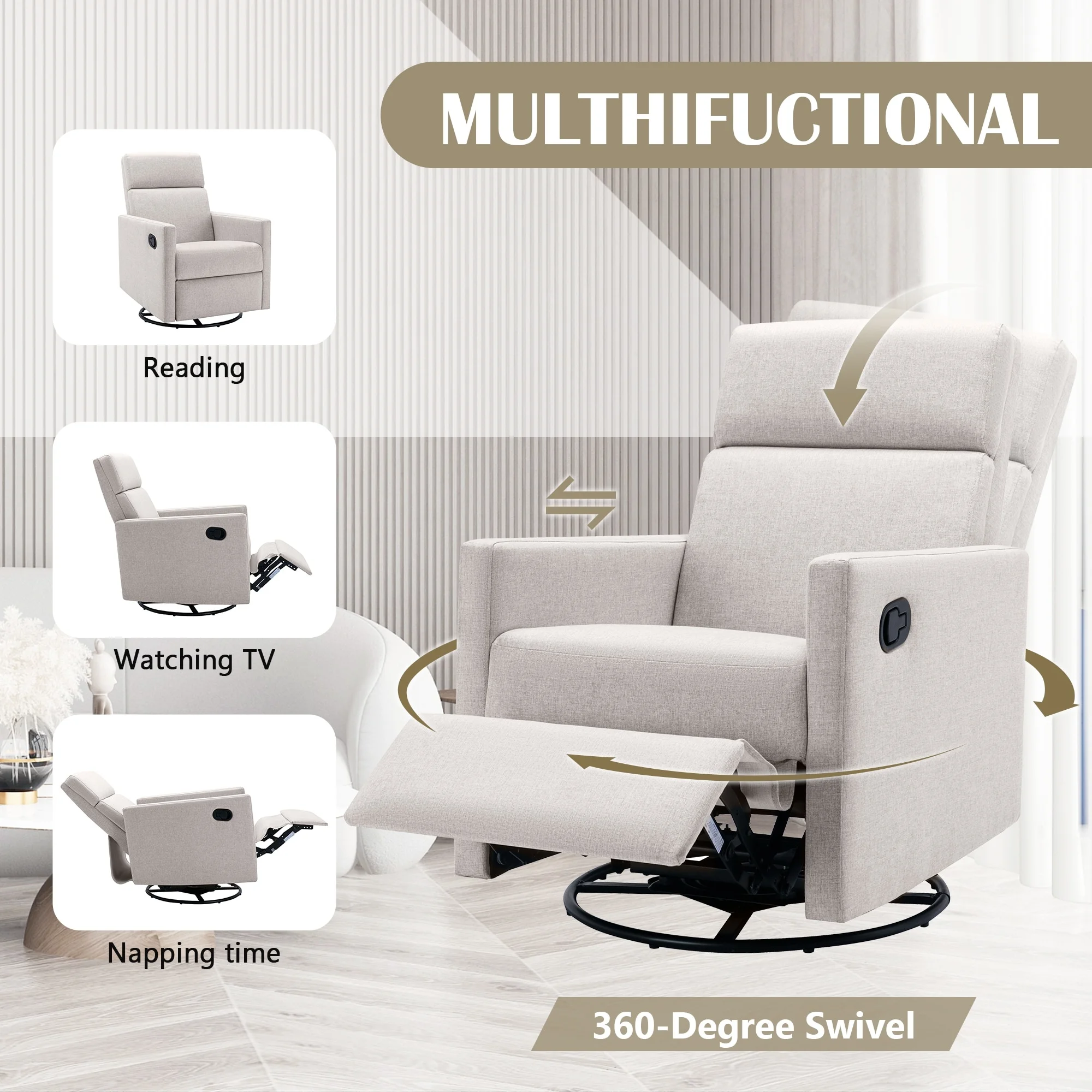 Upholstered Plush Seating 360 Glider Swivel Base Recliner Chair, Power Recliner w/ Silent Built, Glider Chair for Nursery Tan