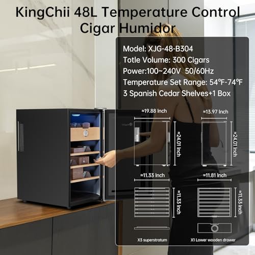 KingChii 16L Electric Cigar Humidors Temperature Control System, Cooling & Heating Humidor Cabinet with Spanish Cedar Wood Shelves & Hygrometer