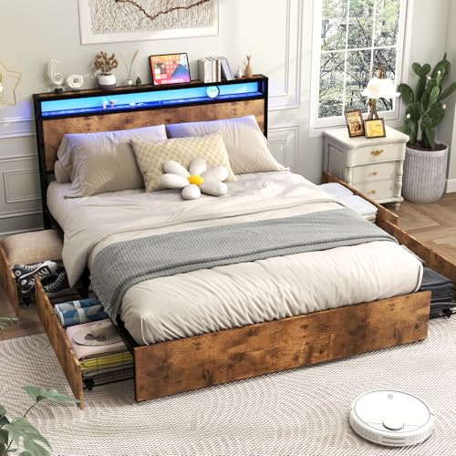 Queen Size Bed Frame with 4 Storage Drawers, LED Platform Bed with Headboard, Built in Charging Station, Noise Free, Stable and Solid