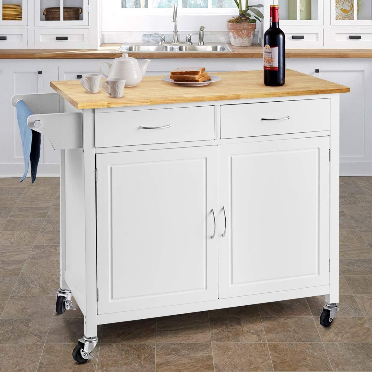 WATERJOY Rolling Kitchen Buffet Cart, Wood Utility Kitchen Storage Island Cart with Wood Top, Antique White(43 x 19.5 x 35.5)