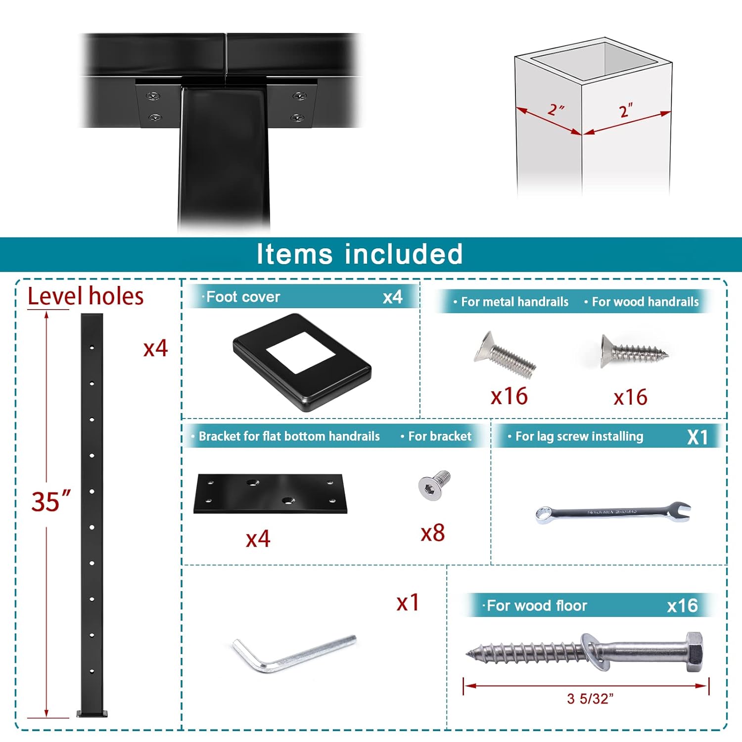 Muzata 4Pack Cable Railing Post Level-drilled Post with Flat top 36''x2''x2'' Black Square Weldless Stainless Steel Pre-Drilled for Wood Concrete