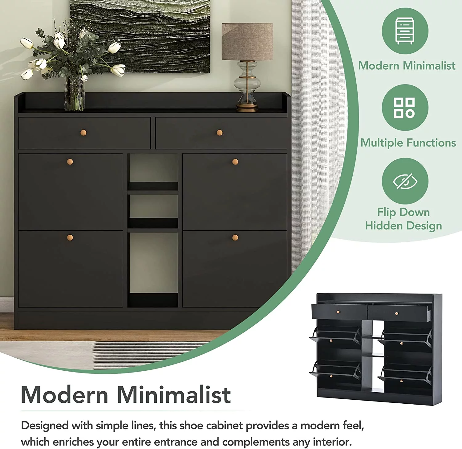 FJU Modern Shoe Storage Cabinet Organizer with 4 Flip Drawers and Adjustable Shelf, Hidden Rack, Hold up to 19 Pairs
