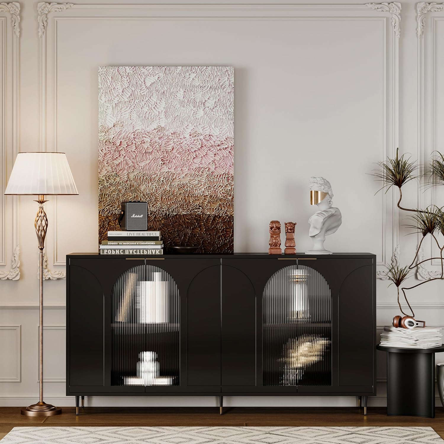 Buffet Cabinets with Lockers, Accent Lockers with Black Lacquered Wood and 4 Fluted Glass Doors, with Metal Legs, Modern Kitchen Sideboards