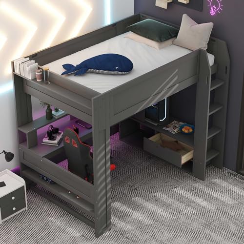 Gaming Bed with Desk,Wardrobe,Ample Storage Space,and RGB LED Light, Full Size Wood Loft Bed for Kids Bedroom (Cloud Blue/K)