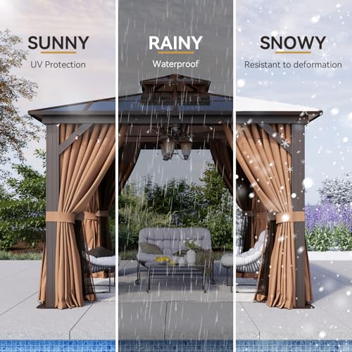 Aoxun 12'x16' Hardtop Gazebo, Aluminum Frame Permanent Pavilion with Netting and Curtains, Outdoor Polycarbonate Double Roof Canopy