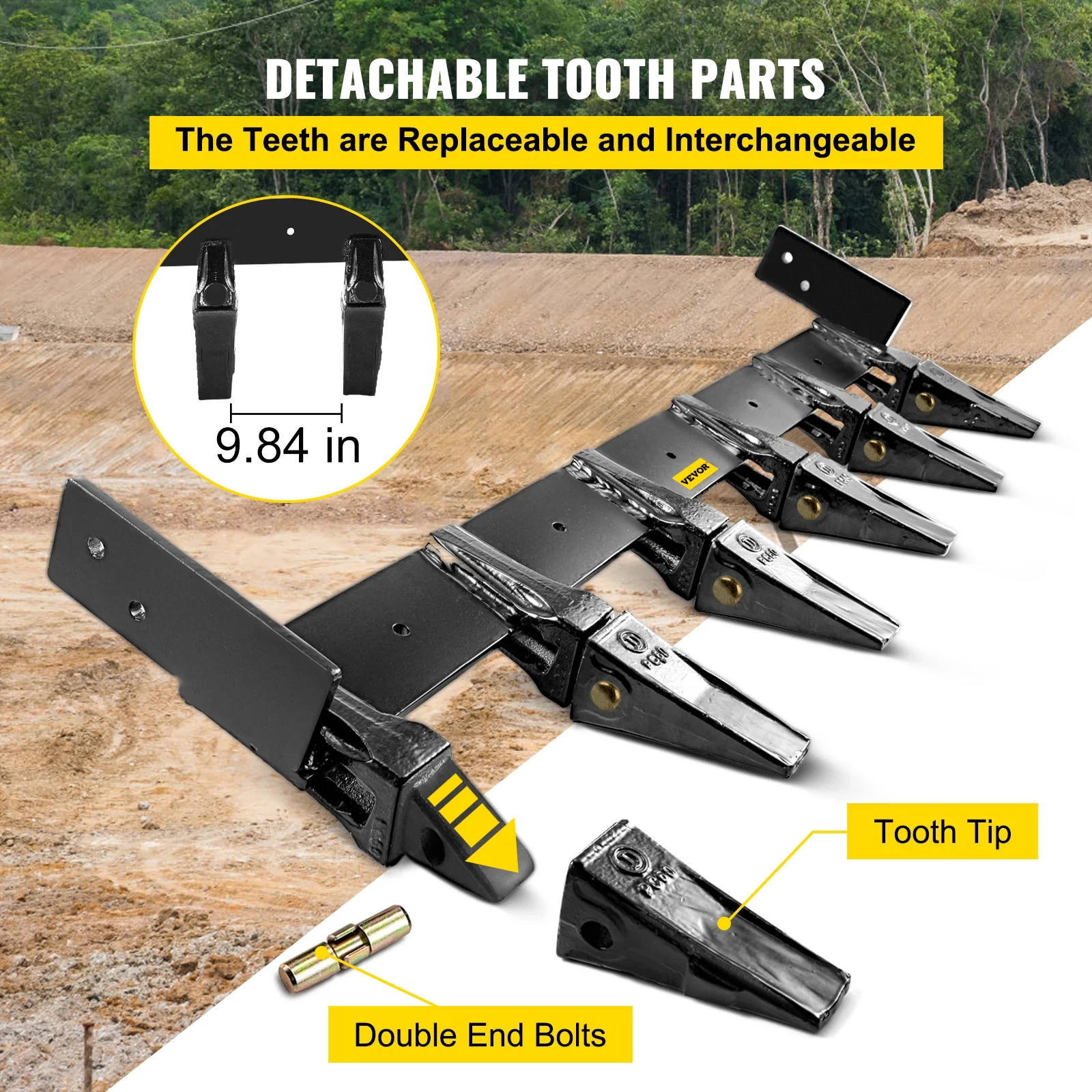 VEVOR Bucket Teeth Bar 60'' Inside Bucket Width Tractor Bucket Teeth 9.84'' Teeth Space Tooth Bar for Loader Bucket 23TF Bolt on Tooth Bucket Enables