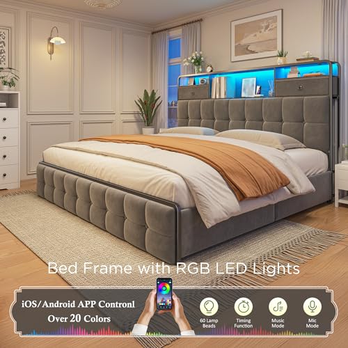 EnHomee King Size Bed Frame with 4 Storage Drawers King Bed Frame with Headboard Built in Charging Station and LED Lights, No Noise