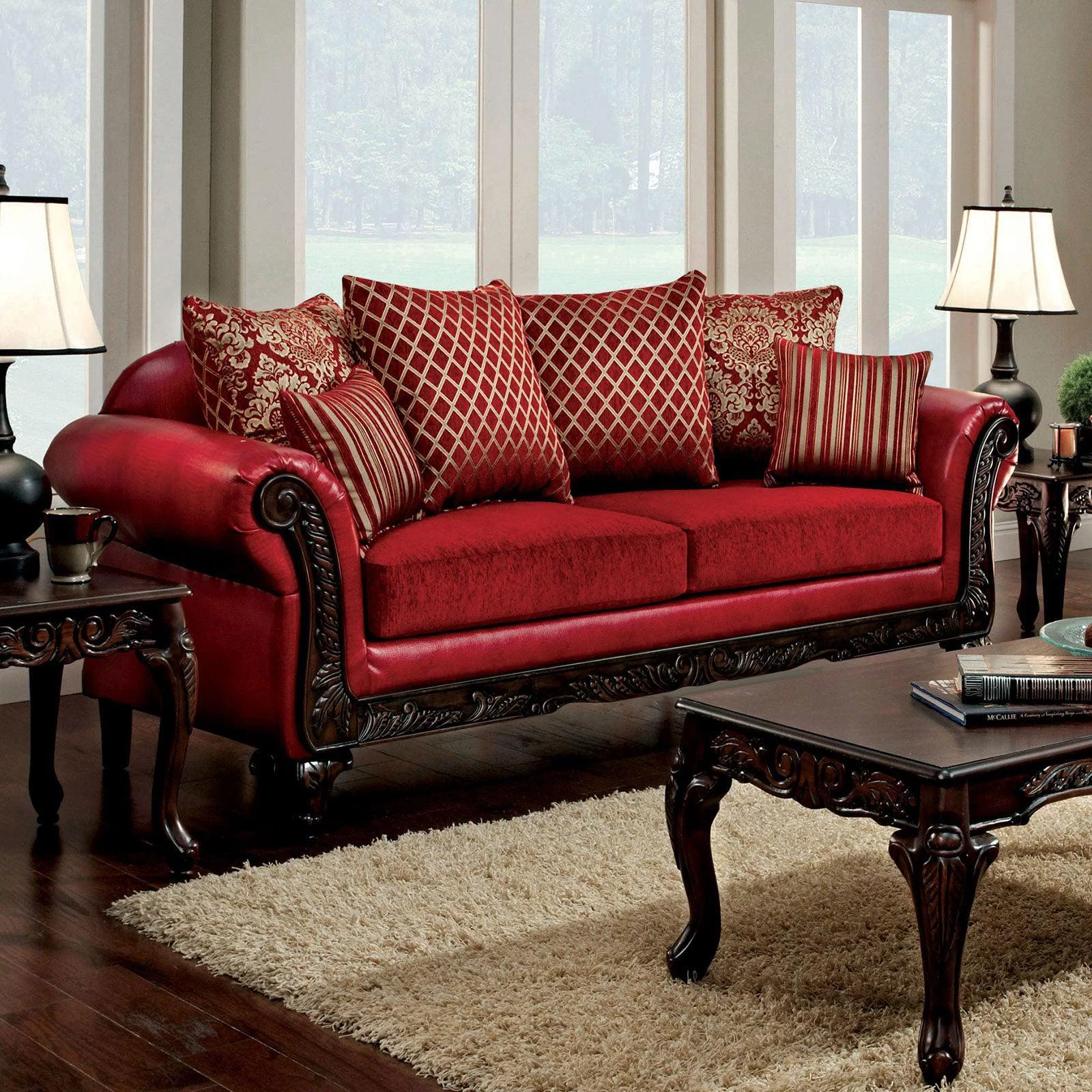 Traditional Red Leatherette Sofa and Loveseat Furniture of America Marcus