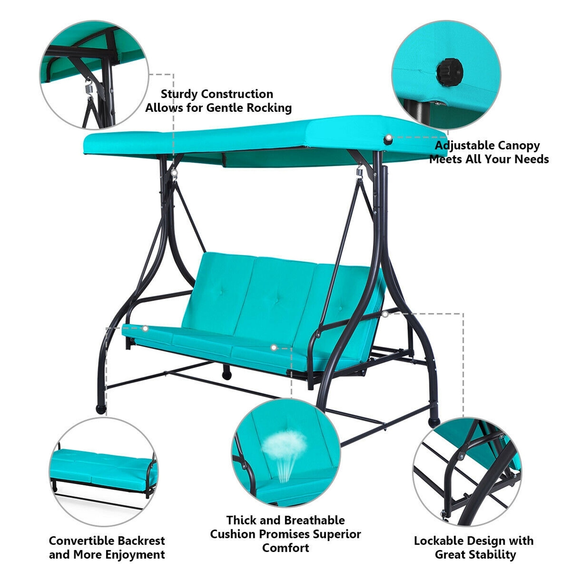 Clihome 3-Seats Patio Swing Canopy Hammock Porch Swing Glider Black