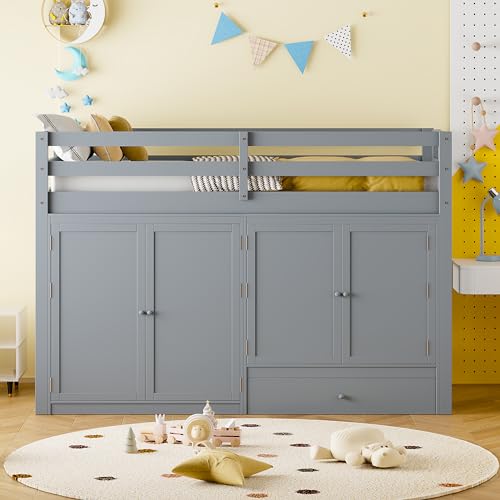 Harper & Bright Designs Twin Size Loft Bed with L-Shaped Desk and Stairs, Solid Wood Loft Bed Frame with Storage Drawers and Bookcase