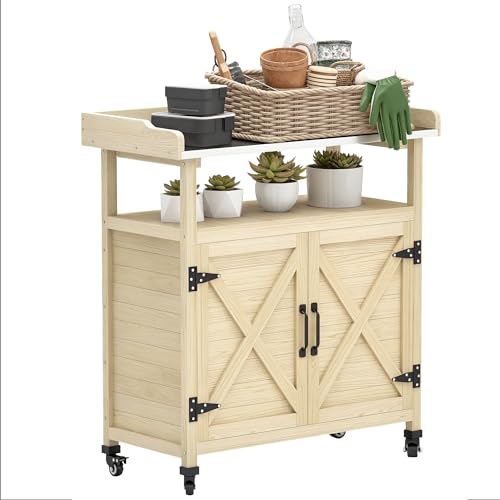 Outsunny Outdoor Wooden Potting Bench Table, Garden Workstation with Storage Cabinet, Aluminum Table Top, Rubber Wheels for Backyard, Patio, Balcony