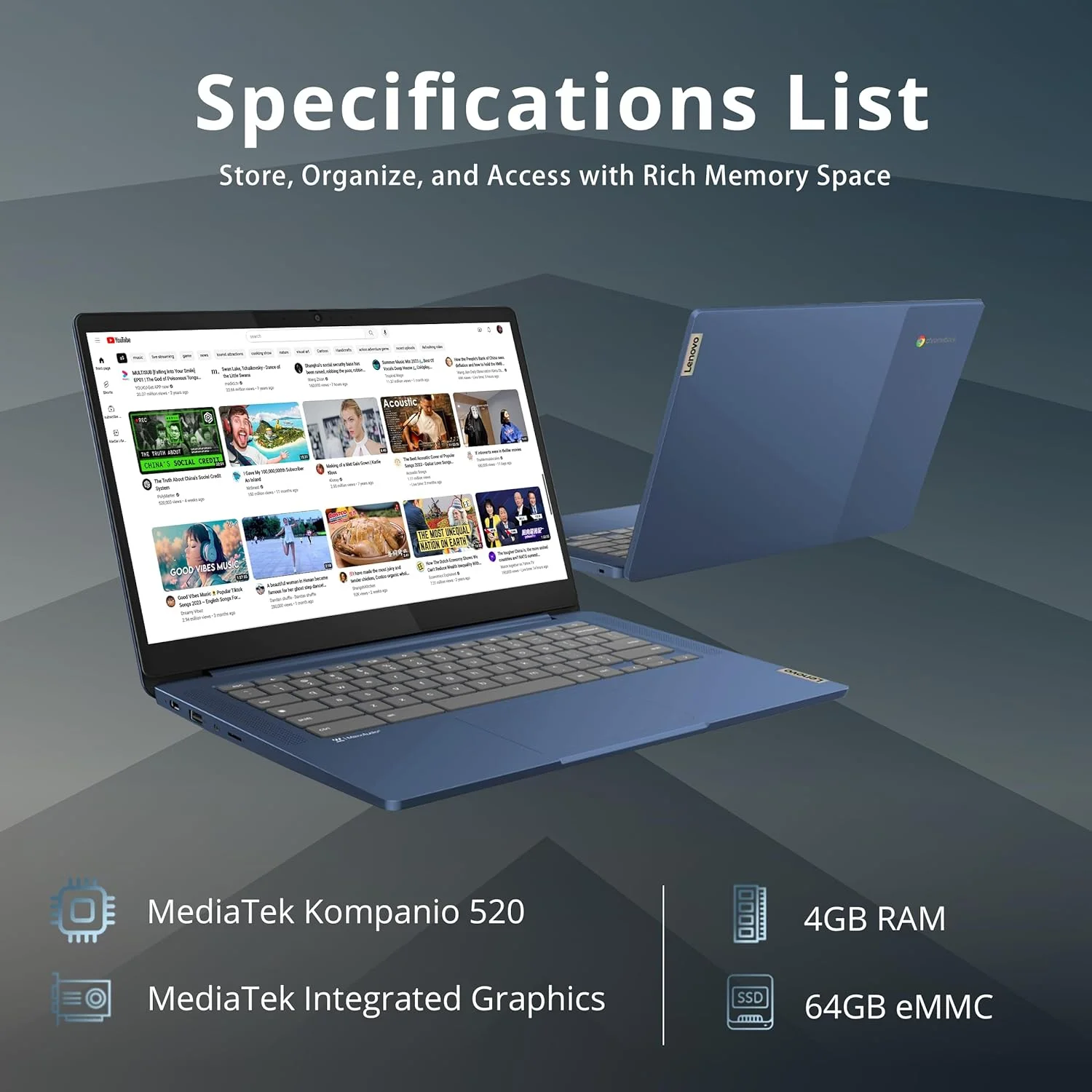 Lenovo IdeaPad Slim 3 Chromebook, 14″ FHD IPS Touchscreen Laptop, MediaTek Kompanio 520 Processor, 4GB RAM, 64GB eMMC, Webcam, Regular Keyboard