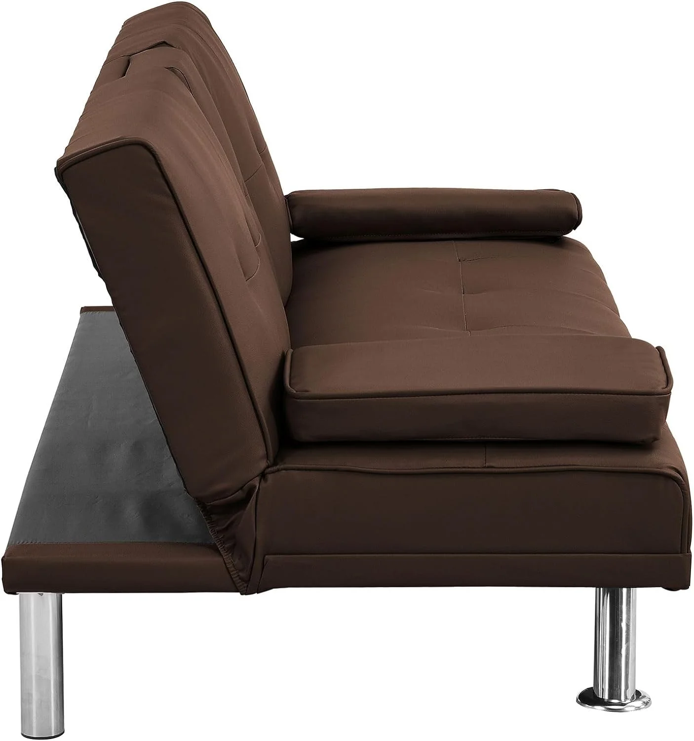 Hbaid Modern Faux Leather Couch Convertible Folding Futon Sofa Bed with 2 Cup Holders, Brown