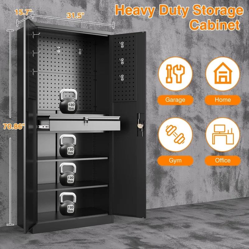 Fesbos Metal Storage Cabinet with Pegboard, Heavy Duty Garage Storage Cabinet with Adjustable Shelves and Doors