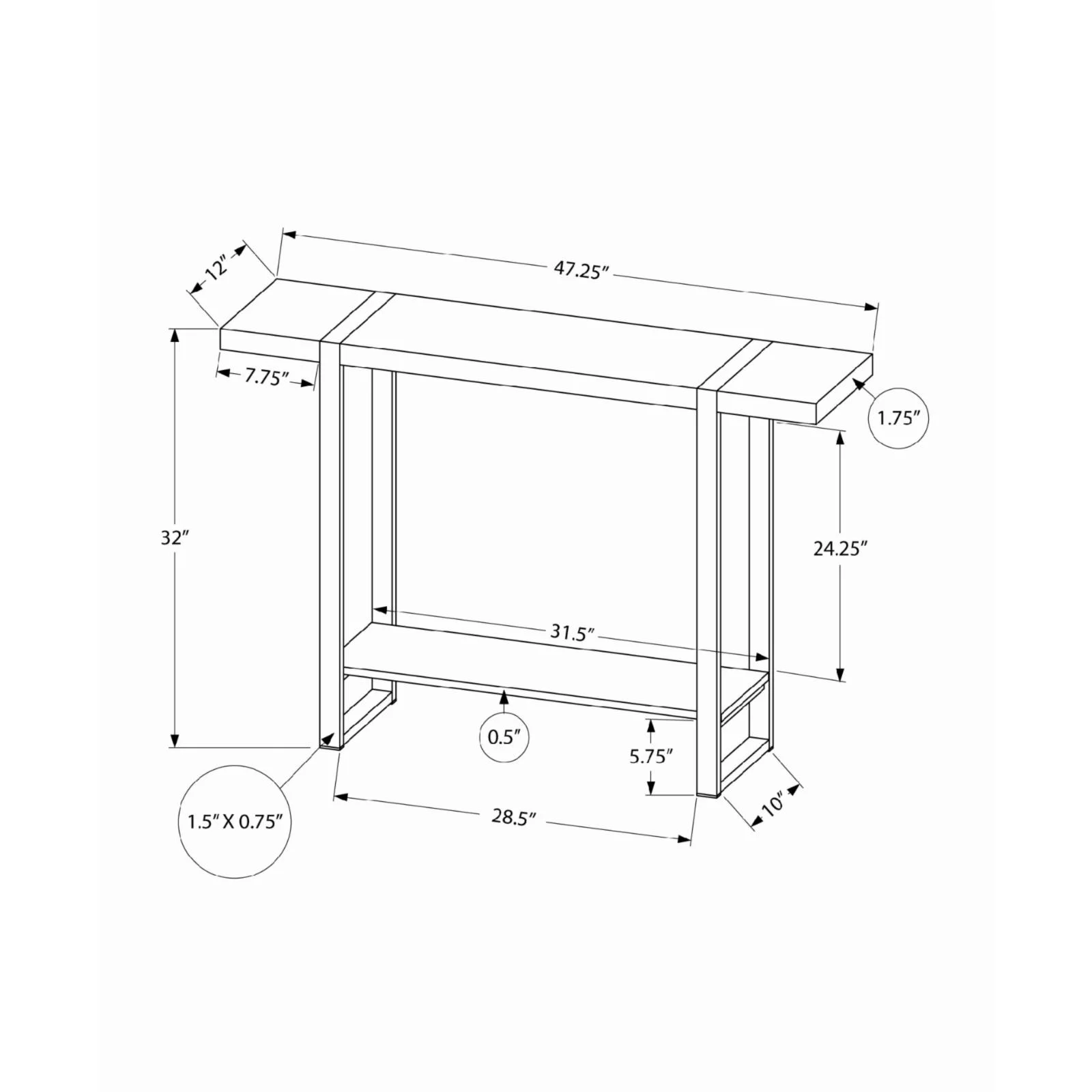 Accent Table Console Entryway Narrow Sofa Bedroom Metal Black