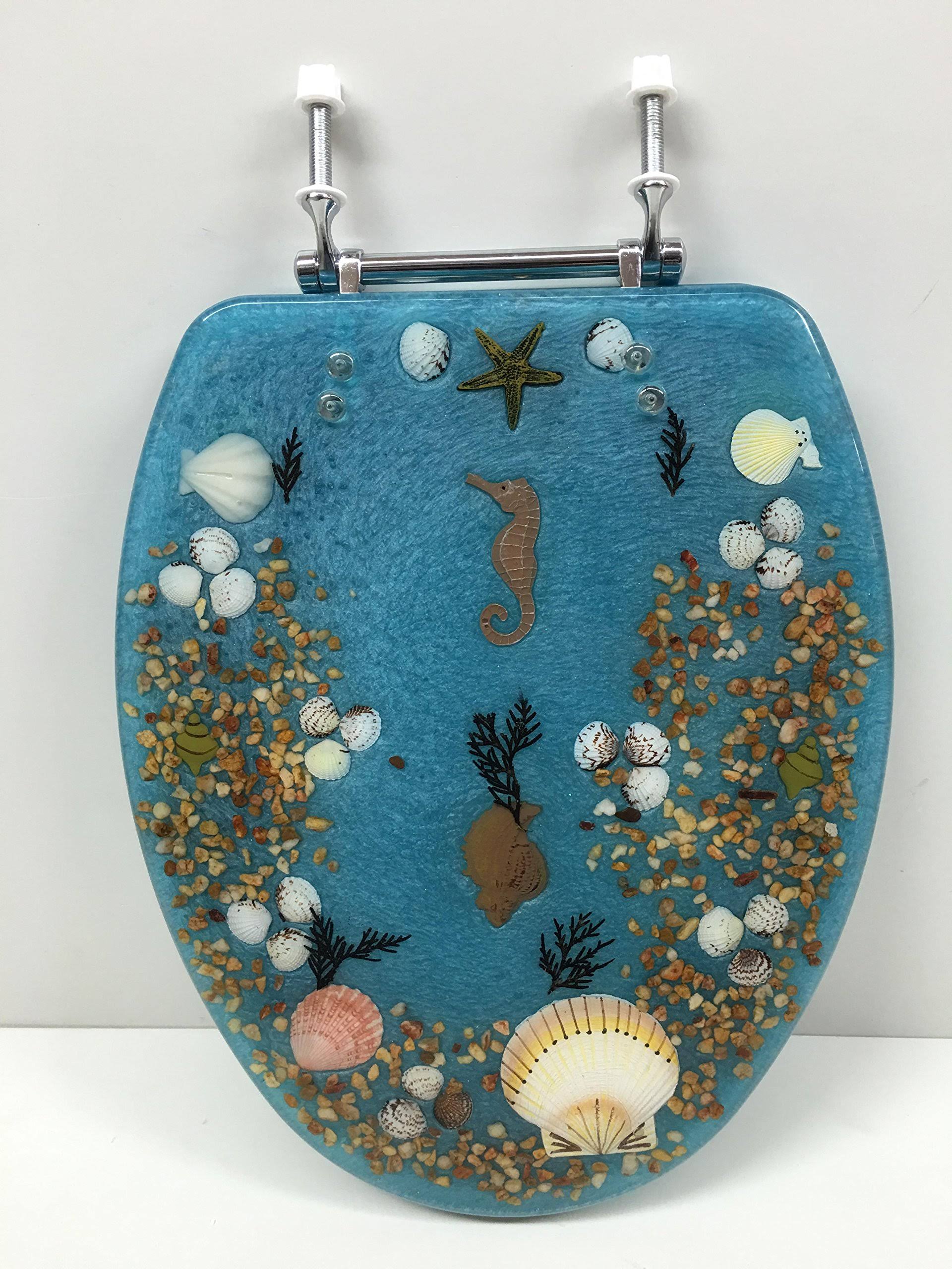 Elongated Blue Seashell and Seahorse Resin Toilet Seat Chrome Hinges