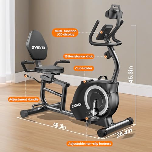 Recumbent Exercise Bike for Home Use, Quiet Recumbent Stationary Bikes for Adults & Seniors, 16-Level Resistance, Adjustable Seat, Supports 400LB