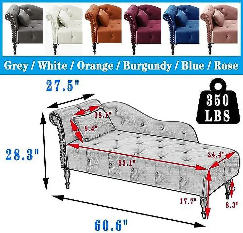 TJUNBOLIFE Tufted Upholstered Velvet Rolled Arm Chaise Lounges Indoor Chair  Right Arm Facing Chaise Lounge with Nailhead Trim and 1 Pillow for