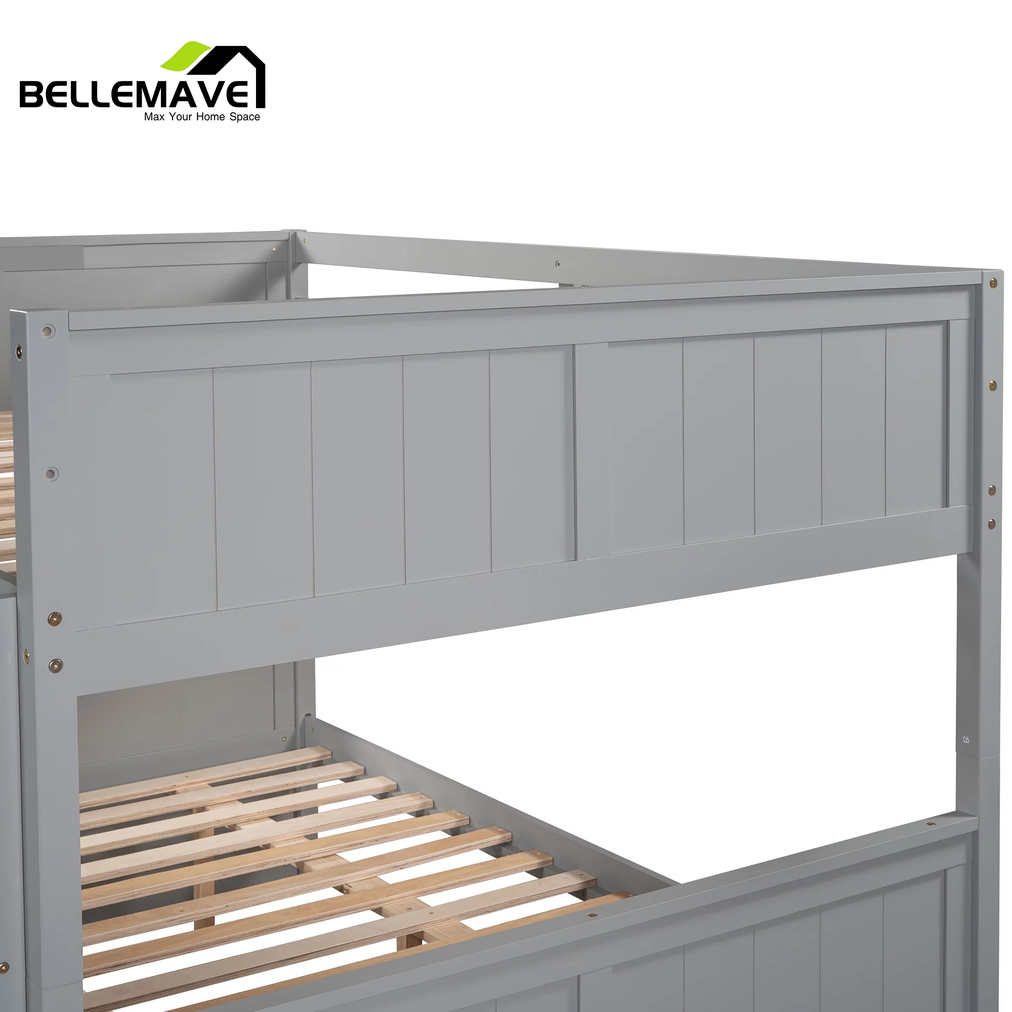 BELLEMAVE Full Over Full Bunk Bed, Wood Bunk Bed Frame with Twin Trundle, Fence Shaped Guardrails, Ladder, Headboard, Convertible into 2 Bed