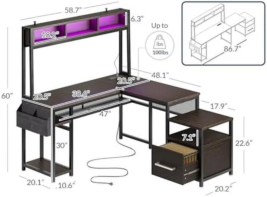 RUNFAYBIU Computer Desk with Monitor Stand and File Cabinet  104"
