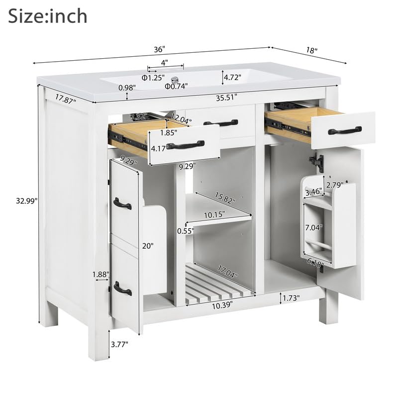 Bathroom Vanity with Sink, 36 inch Bathroom Vanity with Sink, Bathroom Sink Vanity with 3 Drawers and 2 Open Shelf, Built-in Soft Closing Door