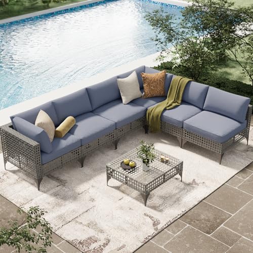 U-MAX 7 Piece Outdoor Patio Furniture Set, PE Rattan Outdoor Wicker Sectional Furniture Chair Set with Cushions and Tea Table