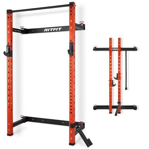 RitFit Multi-Functional Folding Squat Rack for Home Gym, 2.36'' x 2.36'' Wall Mounted Squat Rack with Attachments - Space Saving Squat Power Rack