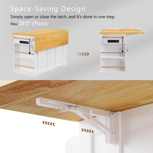 Bellemave Kitchen Island with Storage Cabinet on Wheels, 53.5'' Mobile Kitchen Cart with Power Outlet, Drop Leaf, Spice/Towel Rack and Drawer
