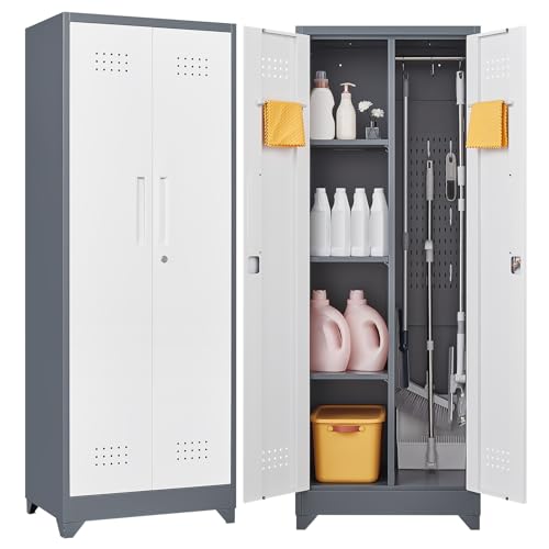 GREATMEET Broom Storage Cabinet, 65" Metal Utility Closet for Brooms and Mops, Cleaning Supply Cabinet with Pegboard