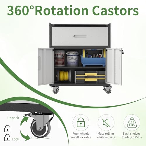 Metal Garage Storage Cabinet with Wheels,Locking Rolling Tool Cabinet with Drawers and Shelves for Home, Office, Garage & Workshop