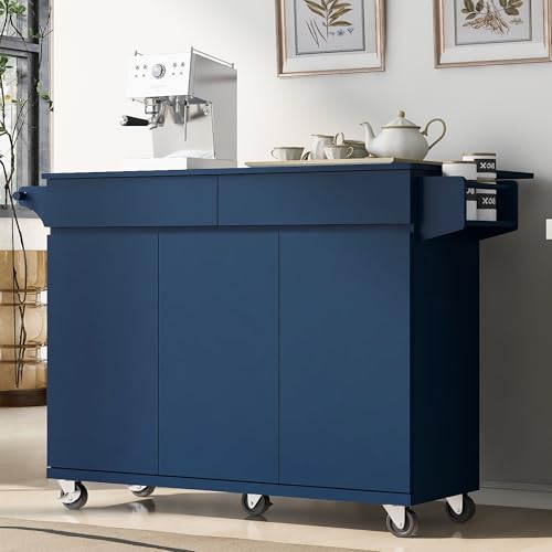 55.7'' Large Kitchen Island with 2 Drop Leaf, Rolling Kitchen Cart on 5 Wheels with Power Outlet