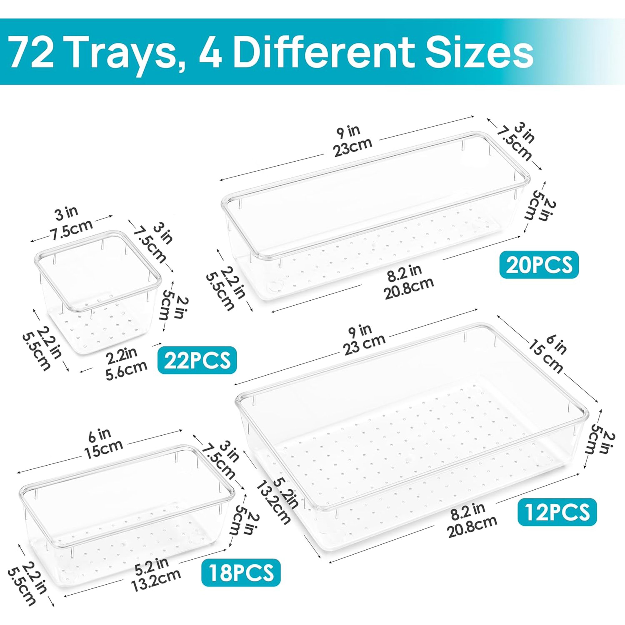 Hltsor 72 PCS Plastic Drawer Organizers Set  4-Size Versatile Bathroom and Vanity Organizer Trays  Non-Slip Storage Bins for Makeup  Jewelries