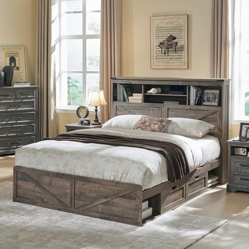 Queen Size Wood Bed Frame Farmhouse with 52" Tall Storage Bookcase Headboard, LED Light,Charging Station,4 Drawers and Solid Wood Slats Support
