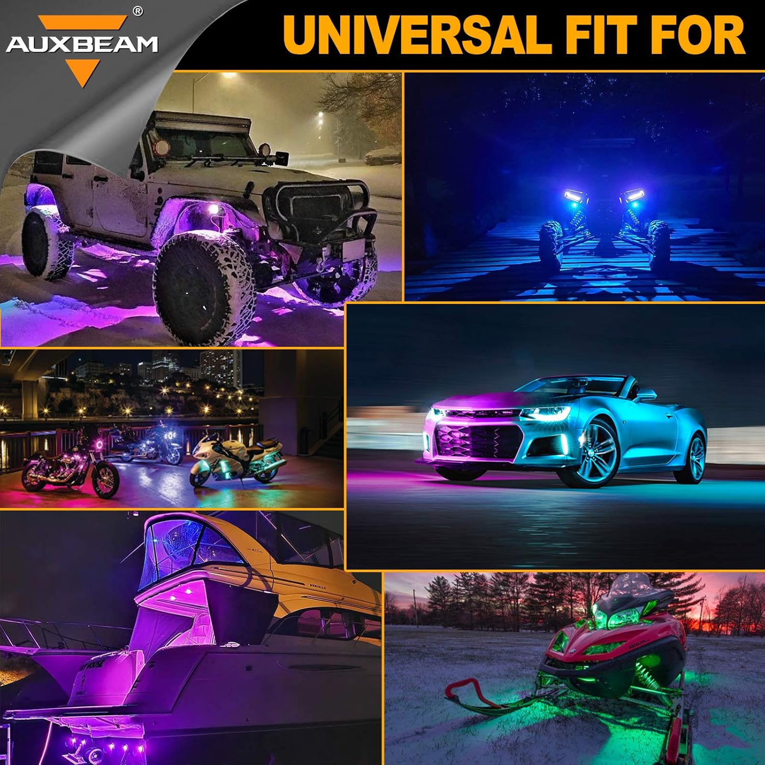 Auxbeam Rock Lights RGB 8 Pods Bluetooth, Car Underglow Lights for Jeep Wrangler Truck SUV UTV ATV Offroad Boat