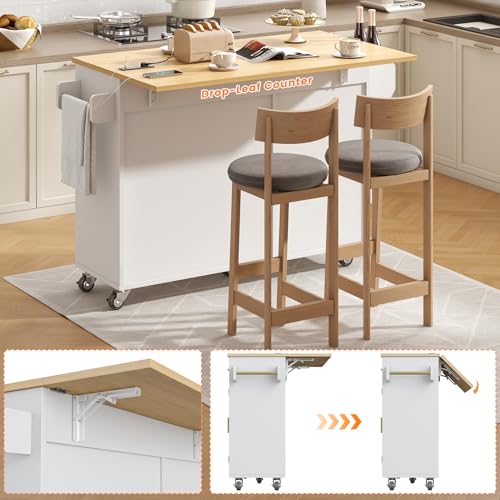 51.8" Kitchen Island Cart with Trash Can Storage, Kitchen Island on Wheels with Power Outlet & Drop Leaf