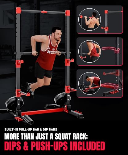 YOLEO Squat Rack with Adjustable Pull-Up Bar & Extended Safety Arms, Multi-Functional Power Racks Squat Stand for Home Gym, Garage & Basement